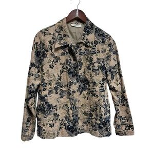 Tantrums Jacket Blazer Women’s Size Small Tan Corduroy Blue Embroidered Floral